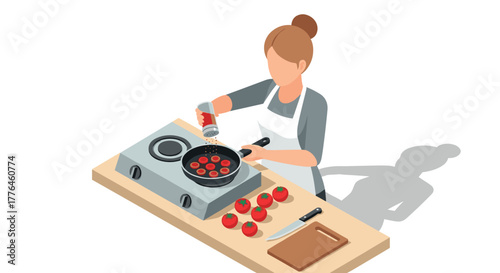 Isometric cooking scene woman seasoning food on stove with fresh ingredients