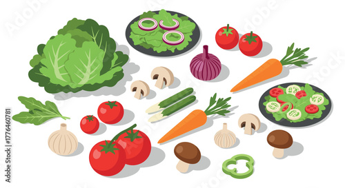Colorful vegetarian ingredients in isometric style with fresh vegetables