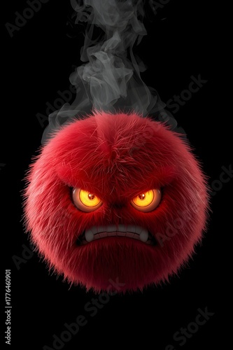 3D furry red angry emoji with glowing orange eyes and smoke rising from its head, expressing intense fury and heat against a black background.