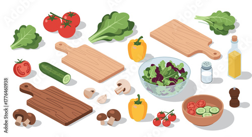 Isometric fresh vegetables and cutting boards for kitchen preparation
