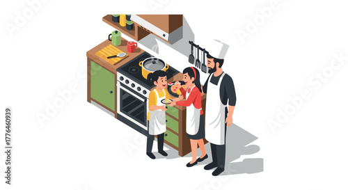 Family cooking together in kitchen isometric style with child learning