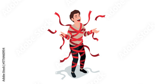 Cheerful man wrapped in red tape concept of bureaucracy and restrictions in isometric style
