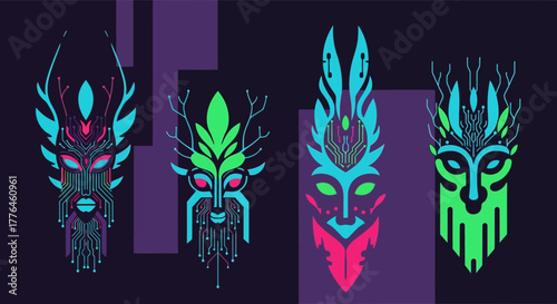 Four stylized glowing tribal masks with intricate designs and vibrant colors.