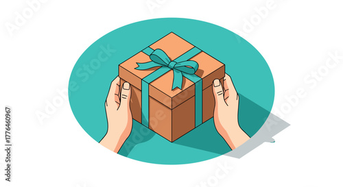 Elegant gift box with ribbon held by hands on teal background