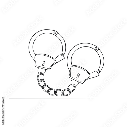 Metal Handcuffs with Chain, Law Enforcement Restraints Line Drawing