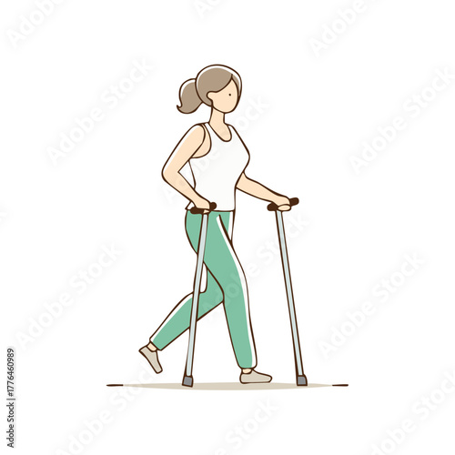 Active woman doing Nordic walking exercise with poles for fitness and wellbeing
