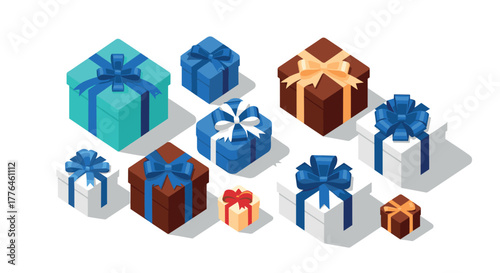 Colorful isometric gift boxes with ribbons and bows in various sizes