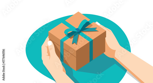 Gift box in hands with blue ribbon in flat art style on abstract background