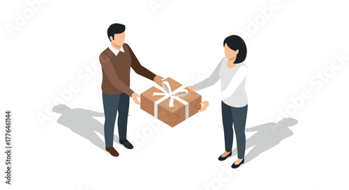 Isometric people exchanging gift box on white background