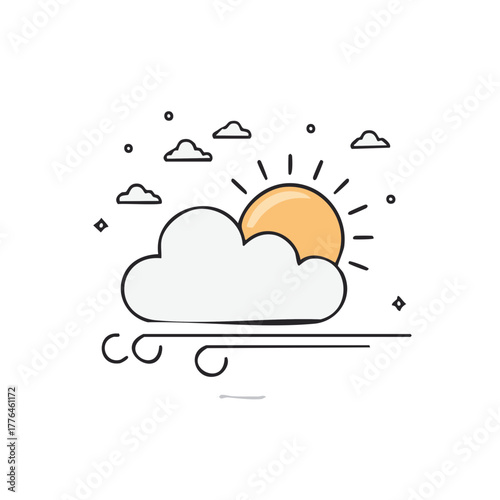 Hand Drawn Weather Icon of a Partly Cloudy Sun with Wind Simple Doodle Illustration