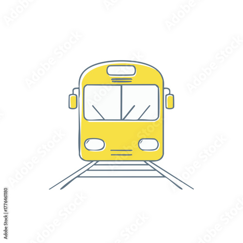 Minimalist graphic of a yellow train on tracks illustration for commercial use.