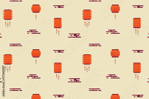 Seamless pattern with Asian lanterns and clouds on a beige background. Vector illustration.