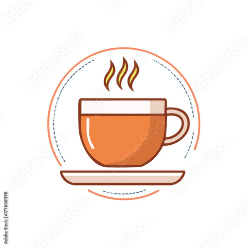 Steaming hot orange teacup and saucer with decorative circular outline illustration