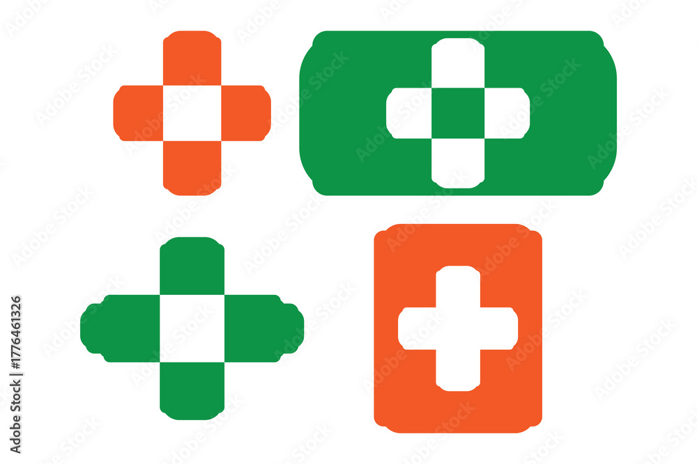 Obraz premium Medical Cross Icon Set, First Aid Symbol Vectors, Orange Green Cross Designs, Safety Cross Graphics, Emergency Aid Icons, Vector Cross Pack, Health Cross Symbols,