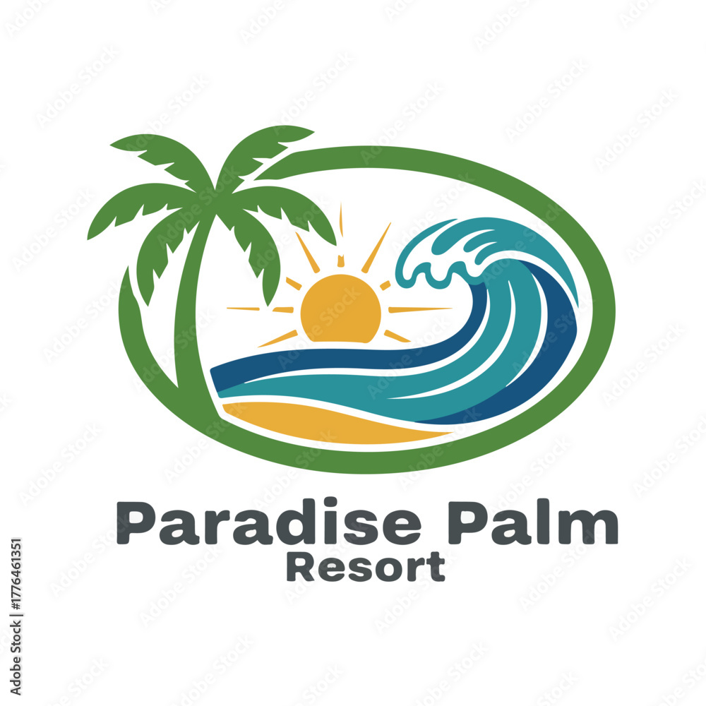 Naklejka premium Paradise Palm tropical beach resort island holiday vacation palm tree logo