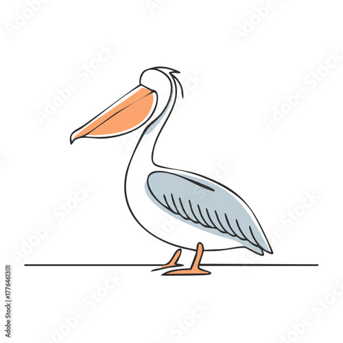 Charming pelican vector illustration with orange beak and blue wing details standing