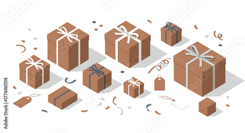 Isometric gift boxes with ribbons and confetti on white background