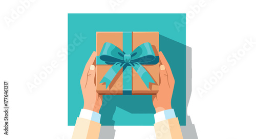 Hands presenting gift box with blue ribbon on turquoise background in flat design