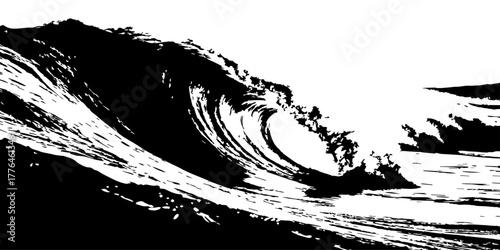 High-contrast black-and-white ocean wave curling with dramatic texture, bold shadows, sharp highlights, and intense surf energy captured in abstract form.