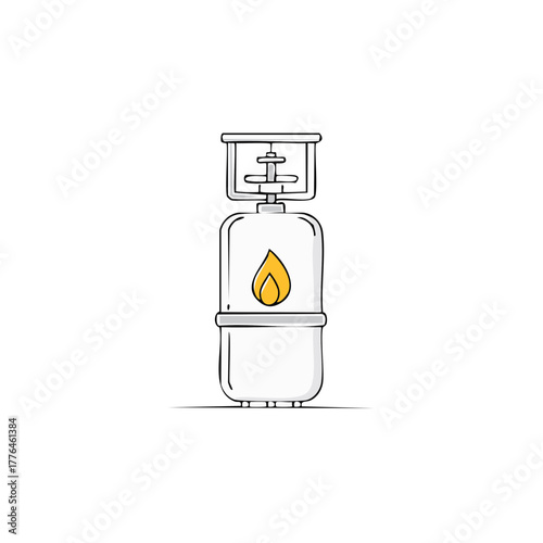 Camping gas cartridge illustration. Hand-drawn butane stove container. Picnic cooking fuel tank. Portable outdoor lighter equipment sketch.