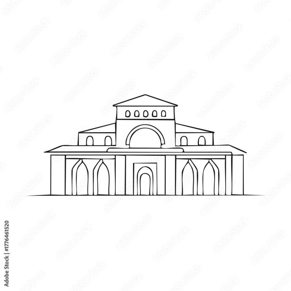 Fototapeta premium Stylized vector sketch of a majestic historical building featuring arched doorways and a distinctive roofline