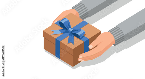 Isometric gift giving hands presenting a wrapped box with blue ribbon