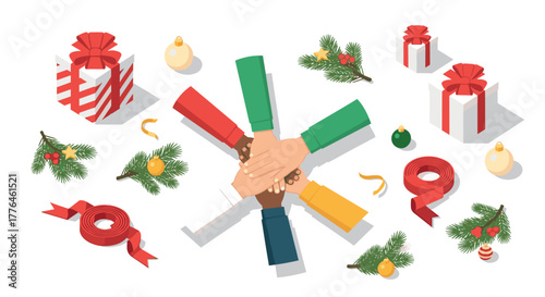 Diverse hands in unity surrounded by festive holiday decorations