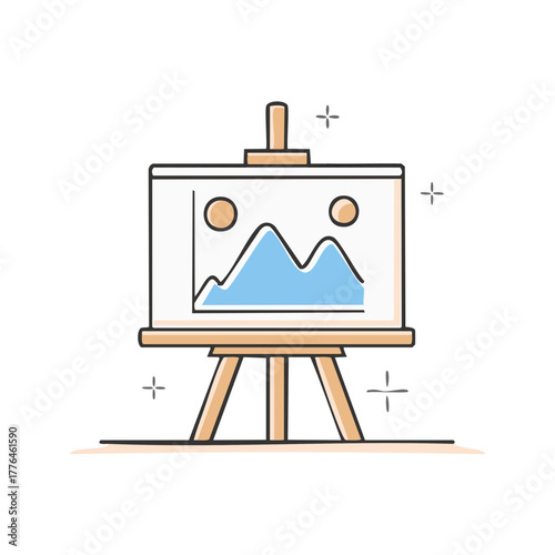 Art easel with a canvas showing a mountain landscape painting, hand drawn doodle icon