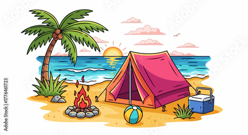 Beach camping scene with palm tree and sunset