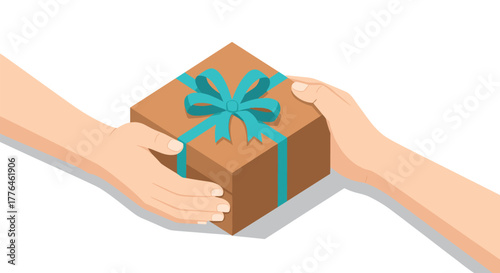 Hands exchanging a gift box with turquoise ribbon on white background