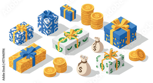 Isometric gift boxes and coins with dollar patterns for celebrations and financial themes