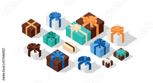 Colorful gift boxes with bows in isometric style on white background