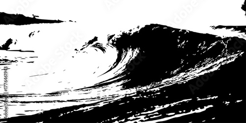 Black and white ocean wave curling powerfully, high contrast tones, dramatic motion, textured water, minimalist seascape, raw energy, abstract coastal atmosphere, bold and dynamic nature scene.