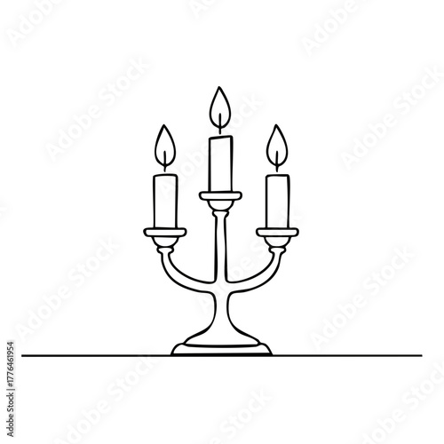 Elegant three-arm candelabra with lit candles and a simple base on a horizontal line.