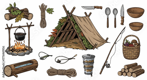 Camping gear and shelter set with firewood and fishing