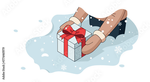 Festive winter gift with red ribbon held by cartoon hands in snowy scene