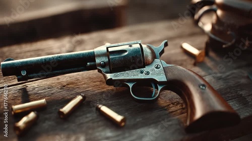 Antique revolver on rustic wooden surface with cartridges