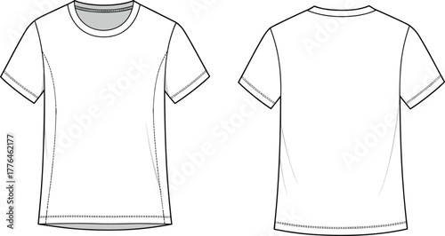 Basic short sleeve t-shirt flat sketch, front and back view, crew neck tee design, fashion template, apparel technical drawing