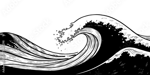 A powerful black-and-white illustration of ocean waves in motion, drawn with bold ink lines and dynamic curves. The waves curl dramatically, creating a sense of energy, rhythm, 