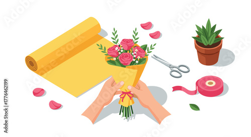 Isometric floral arrangement crafting a bouquet with tools, ribbon, and plant