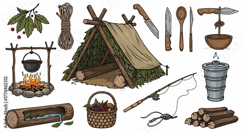 Primitive camping tools and shelter set