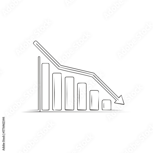 Sketch of a decreasing bar graph showing negative business trend with a downward arrow, decline illustration
