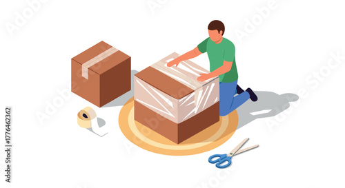 Isometric packaging scene with person packing box and tape