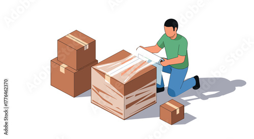 Worker wrapping cardboard boxes for shipping with plastic film in isometric illustration