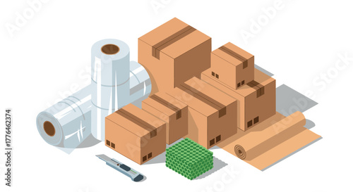Isometric packaging essentials cardboard boxes, bubble wrap, and tools for shipping and storage