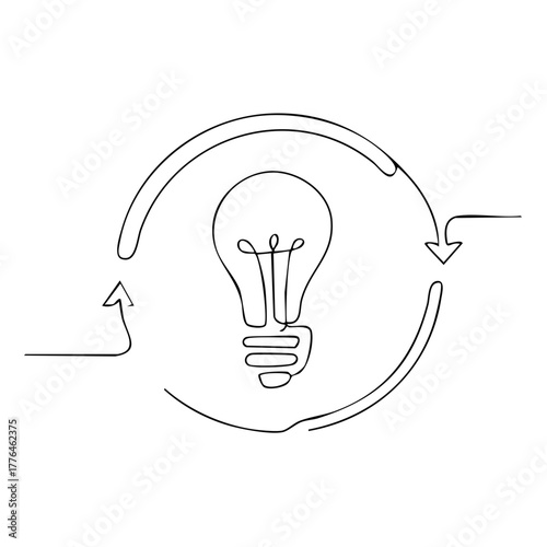 Continuous Single Line Drawing Depicts Lightbulb with Circular Arrows Idea Generation Concept