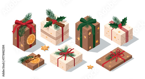 Festive holiday gifts wrapped in rustic paper with pine and ribbon decor