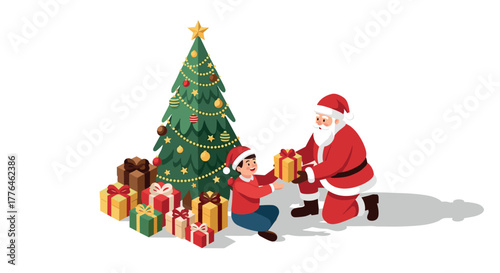 Jolly santa gifting presents to a happy child by a decorated christmas tree