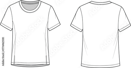 Basic short sleeve t-shirt flat sketch, front and back view, crew neck tee template, fashion technical drawing, apparel design illustration