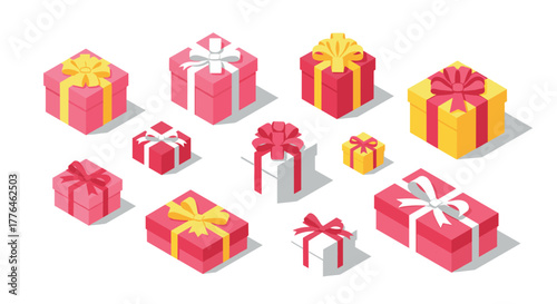 Brightly wrapped gifts in isometric style with colorful bows